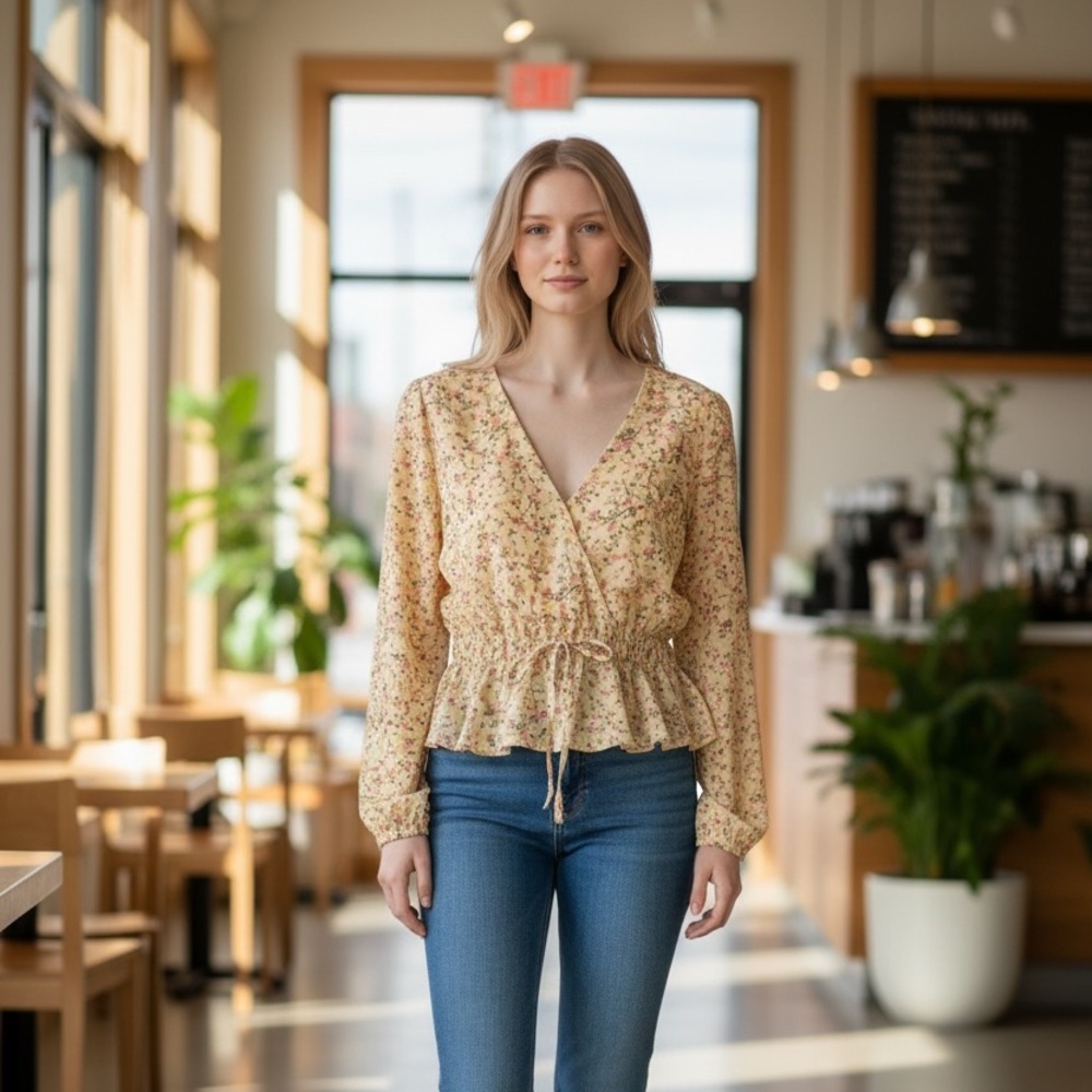 Women's Yellow Floral Wrap Peplum Top